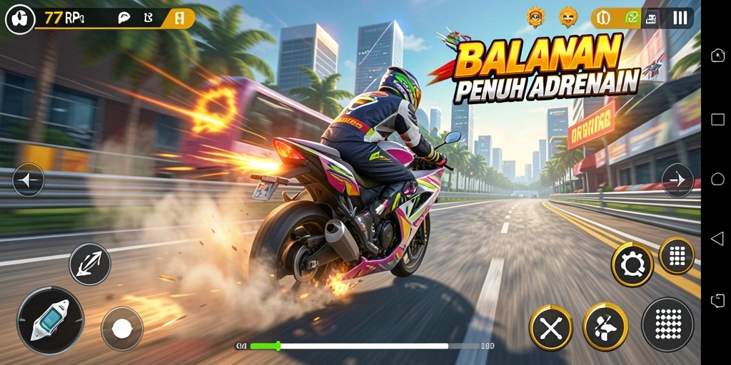 Tampilan gameplay 77RP yang mendebarkan saat balapan motor.