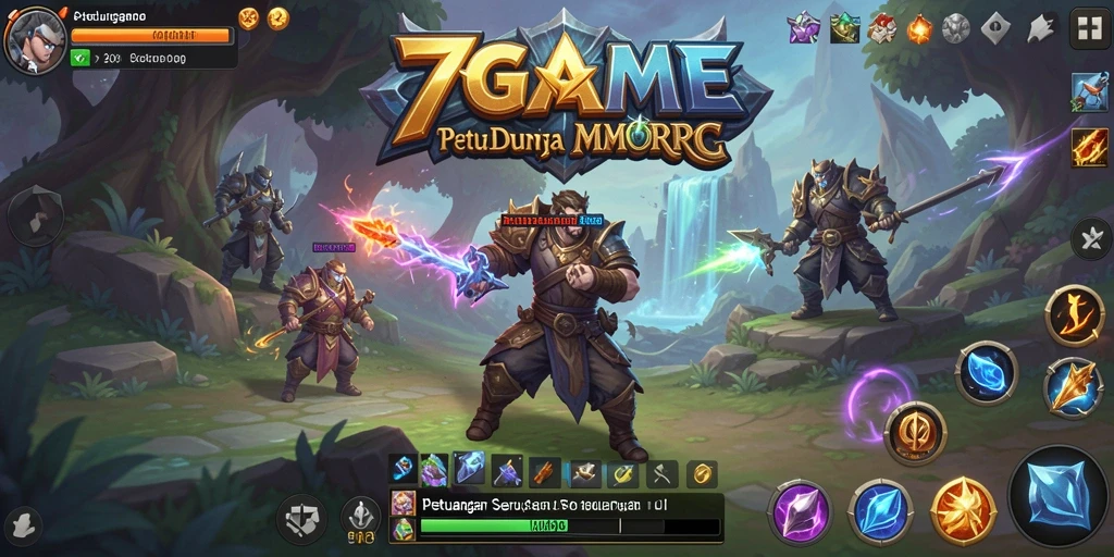 Screenshot utama 7GAME menampilkan aksi pertempuran seru MMORPG.