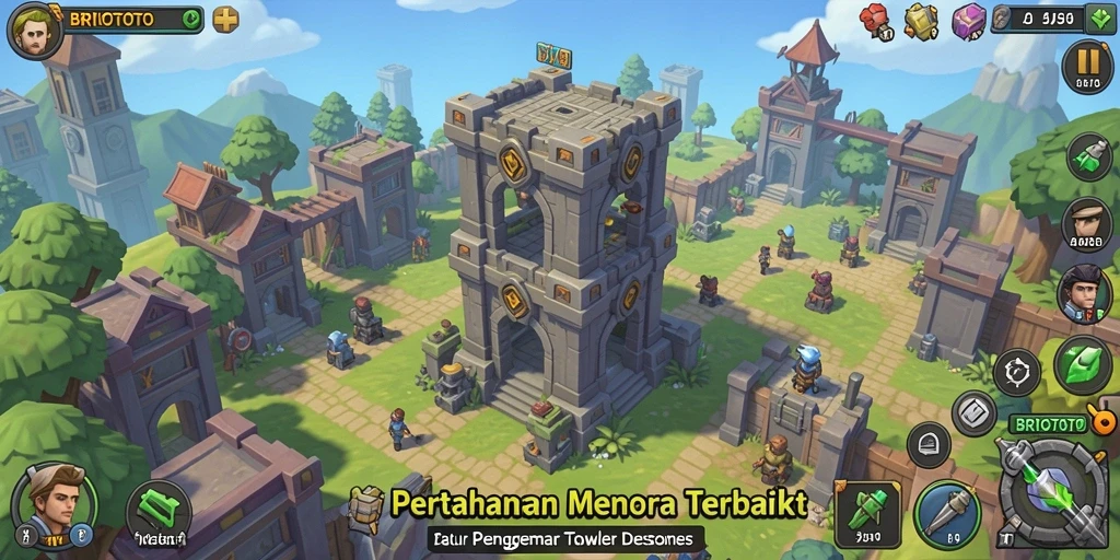 Tampilan gameplay BRIOTOTO dengan menara strategis yang menantang musuh.