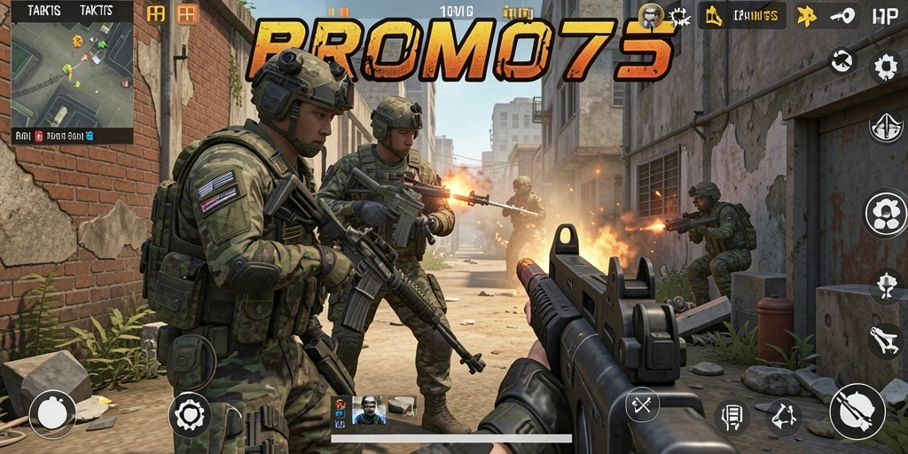 Screenshot utama BROMO77 yang menampilkan aksi gameplay FPS yang mendebarkan.