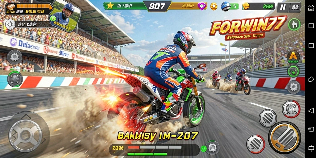 Tangkapan layar gameplay FORWIN77 dengan mobil balap melaju cepat.