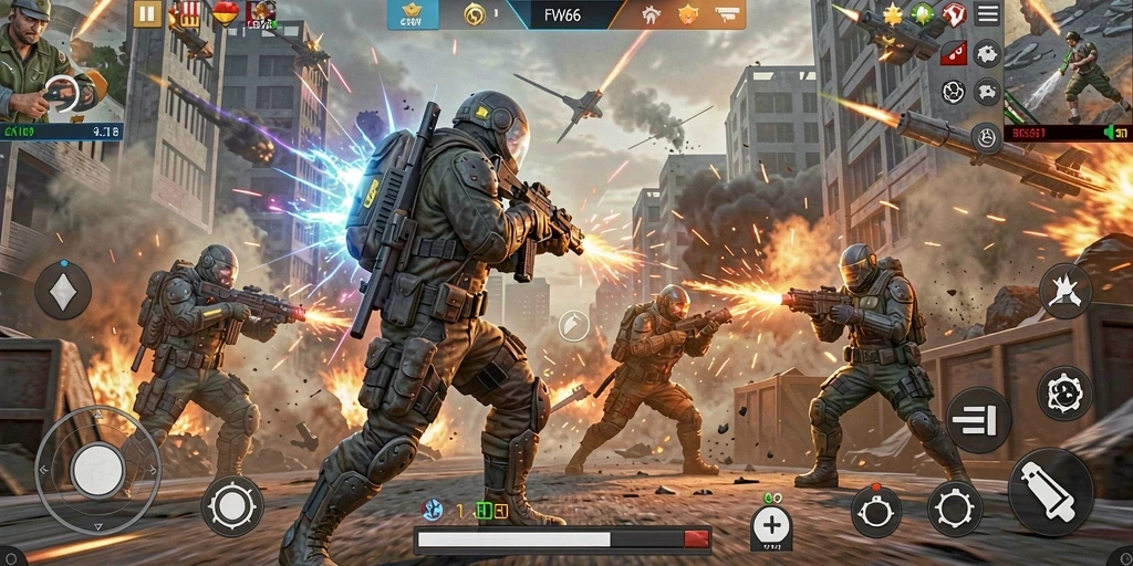 Tampilan aksi seru dalam gameplay FW66 yang intens.