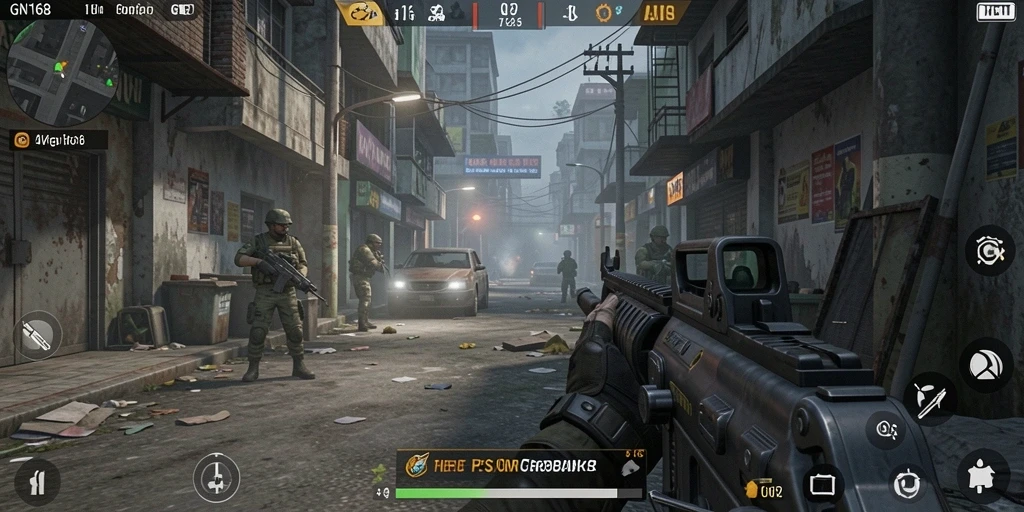 Screenshot gameplay GN168 menampilkan aksi menegangkan dalam pertempuran FPS.