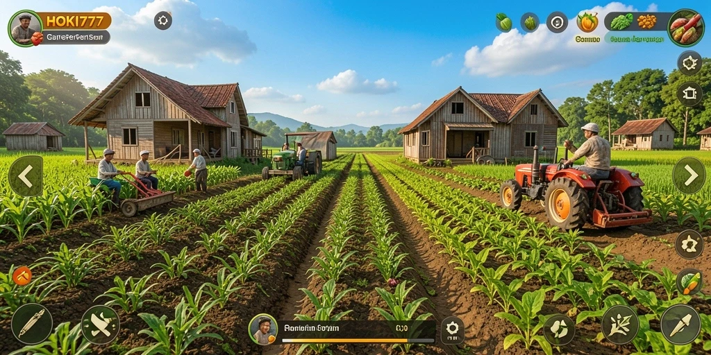 Tampilan gameplay HOKI777 dengan pertanian yang subur dan beragam tanaman.