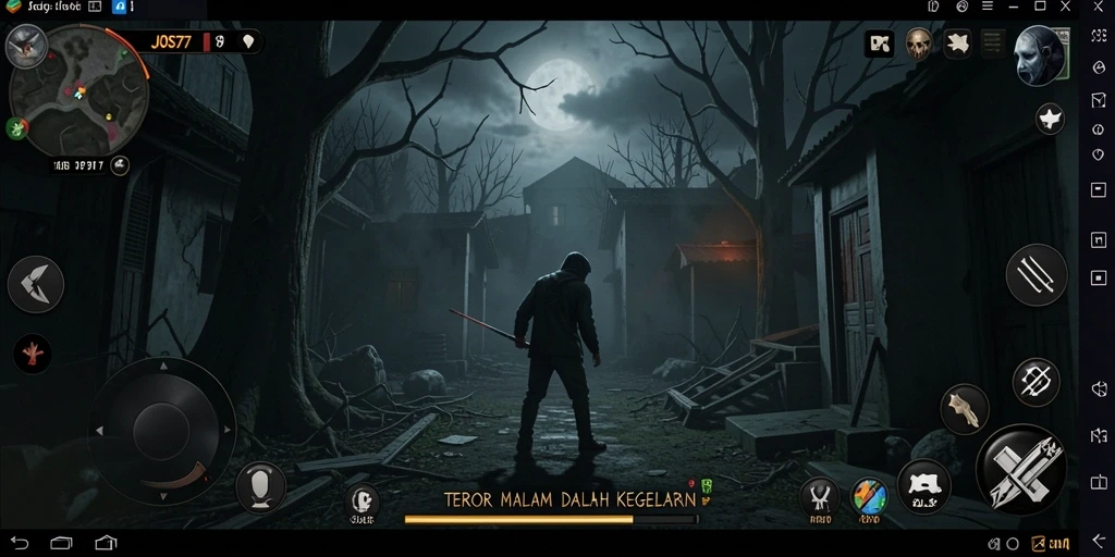 Screenshot dari gameplay JOS77 yang menampilkan suasana horror yang mencekam.