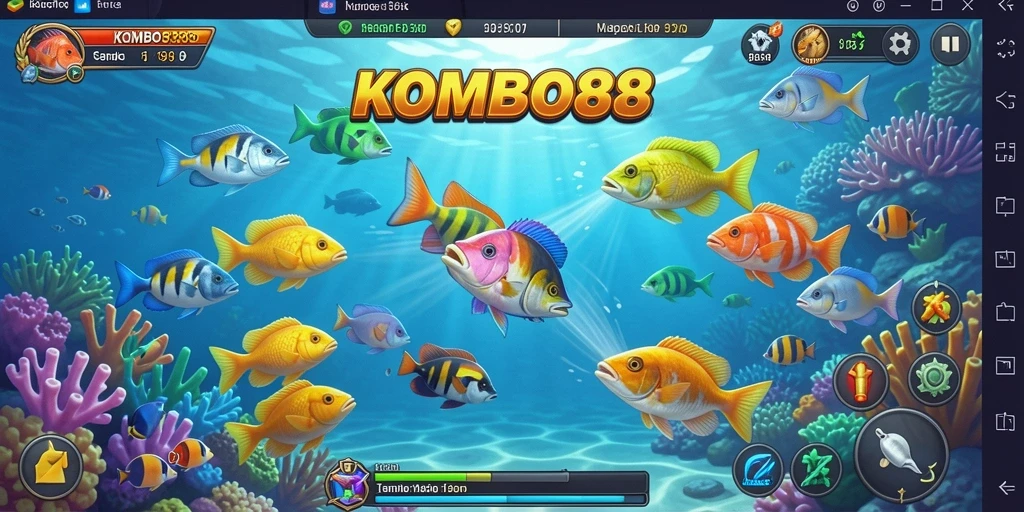 Screenshot gameplay menarik dalam KOMBO88 menampilkan aksi menembak ikan.