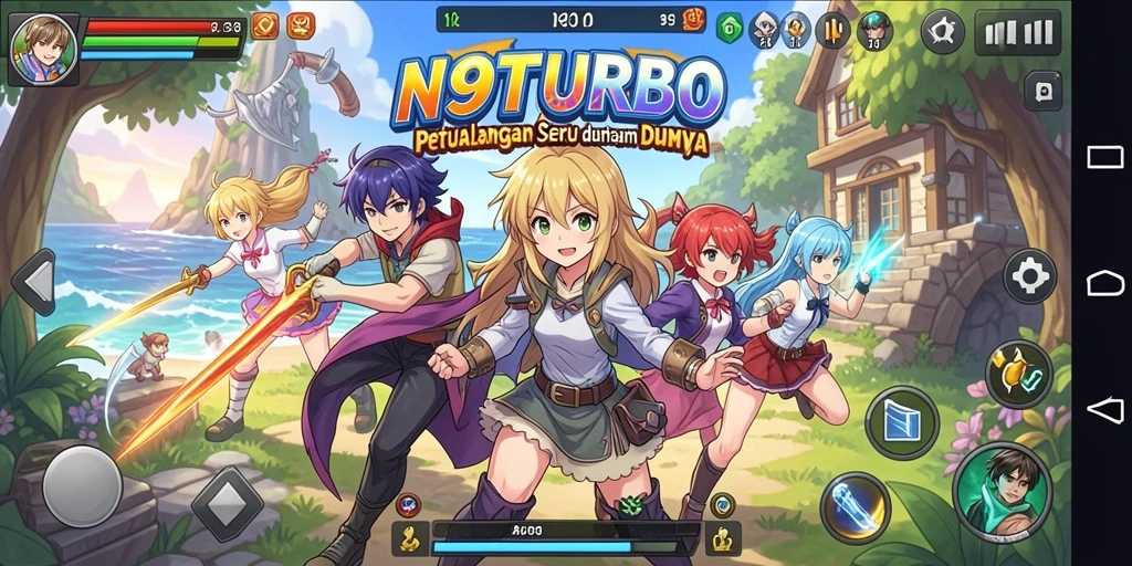 Screenshot gameplay N9TURBO dengan karakter Anime yang memukau.