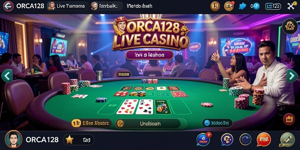 Tampilan gameplay Live Casino ORCA128 dengan dealer dan pemain interaktif.