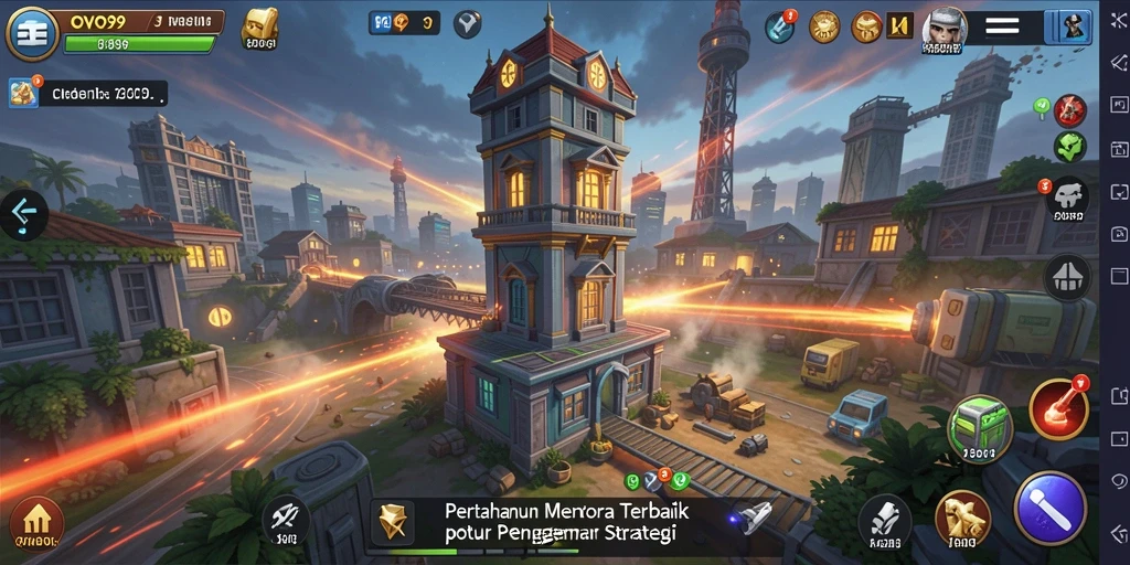 Tampilan gameplay menara pertahanan di OVO99 yang menegangkan.